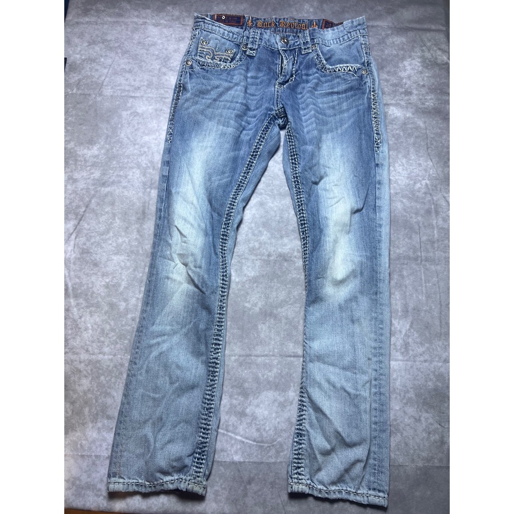 Rock Revival Aldean Slim Straight Jeans Mens 30 Light Wash Blue Fleur-De-Lis